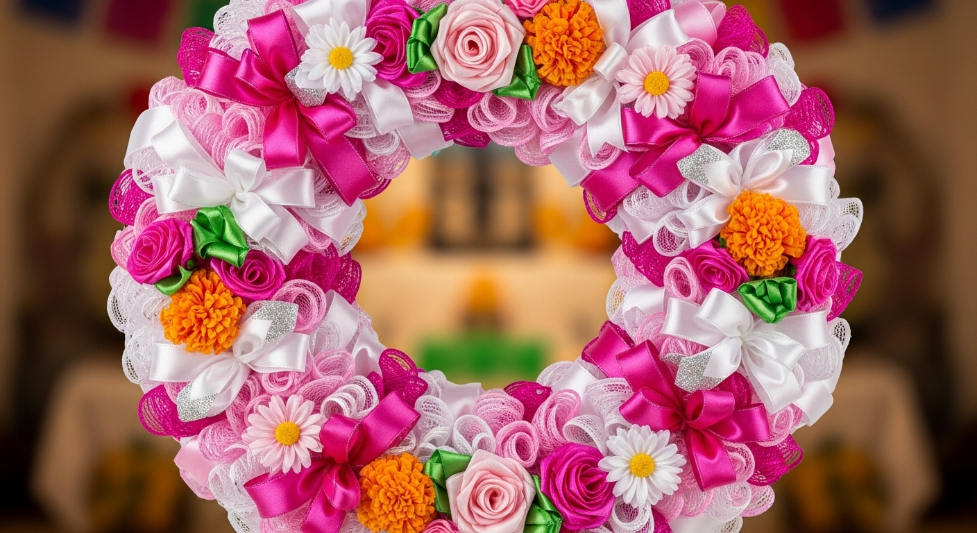 Corona de cempasúchil con listón brillante